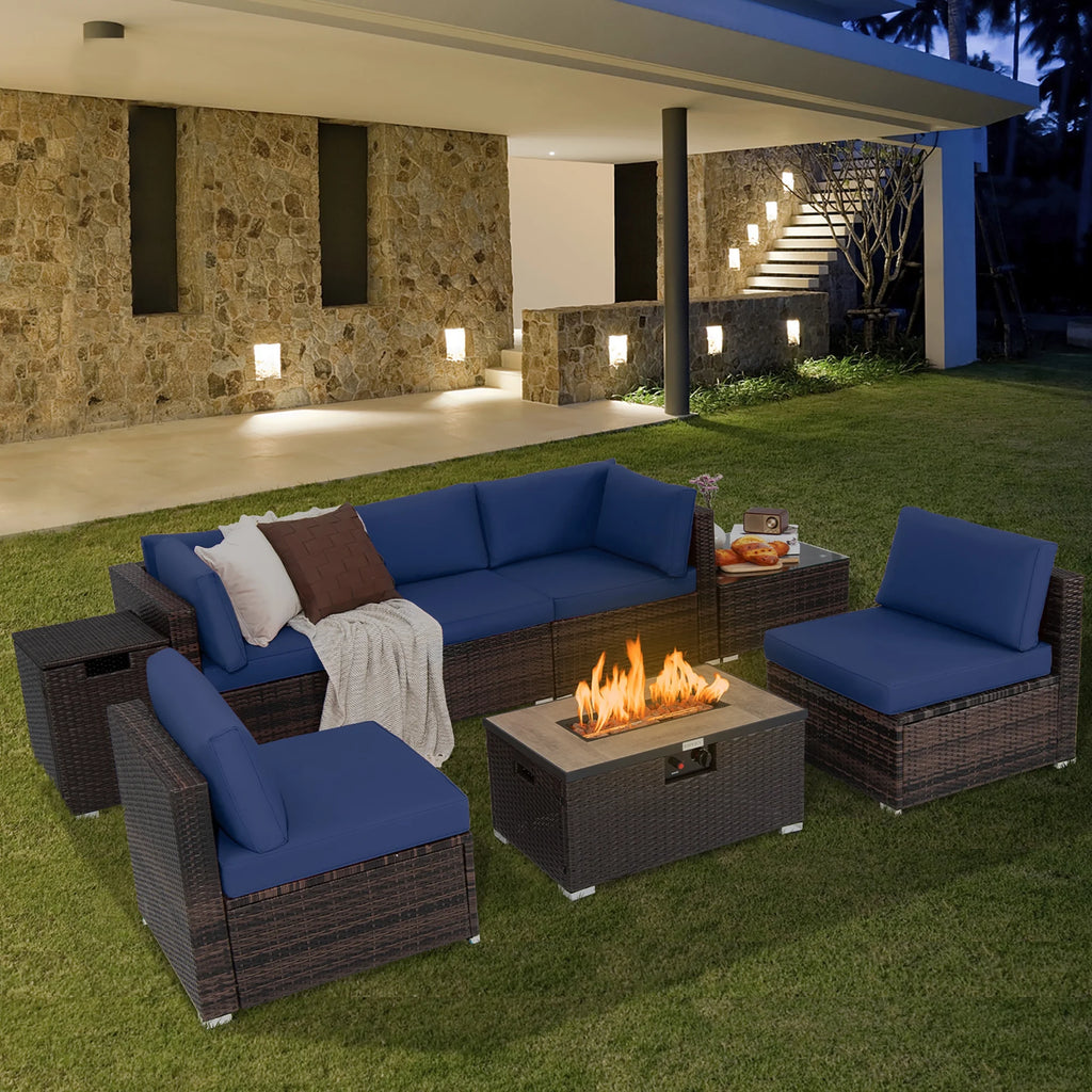 Costway 8PCS Patio Rattan Furniture Set Fire Pit Table Tank Holder Cover Deck Black