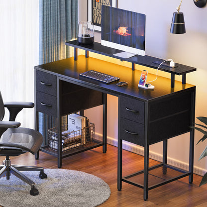 55.1" LED Gaming Desk with Drawers, Computer Desk with Outlets, Office Desk with 4 Drawers, Corner Desk, Writing Desk in White