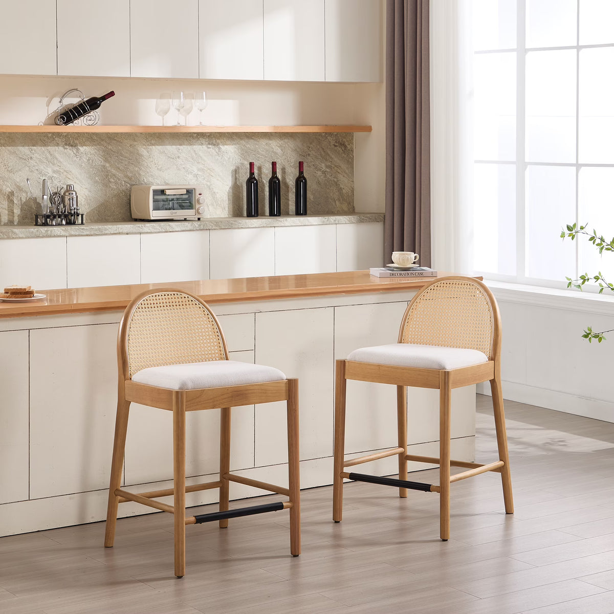 Guyou Modern Bar Stools Set of 2, 26" Counter Height Bar Stools with Natural Rattan Back and Solid Wood Frame, Sherpa Upholstered Kitchen Island Chairs for Bar Island Cafe Kitchen, Black