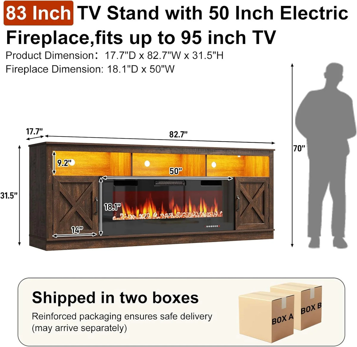 ChVans 70" Fireplace TV Stand for TVs up to 80" with 36" Electric Fireplace, Farmhouse Entertainment Center with LED, Wooden Media Console for Living Room, Bedroom
