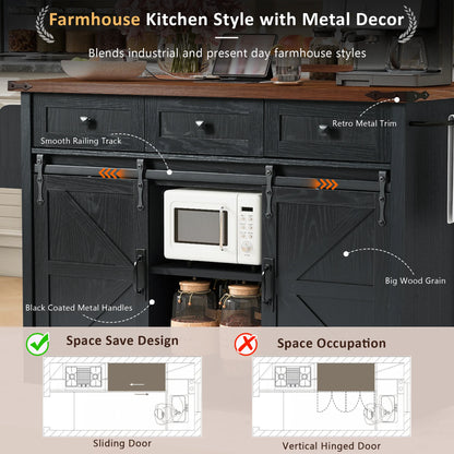Homy Casa Farmhouse 53.7" Kitchen Island with Storage Cabinet, Sliding Barn Doors, and Wheels, White Oak