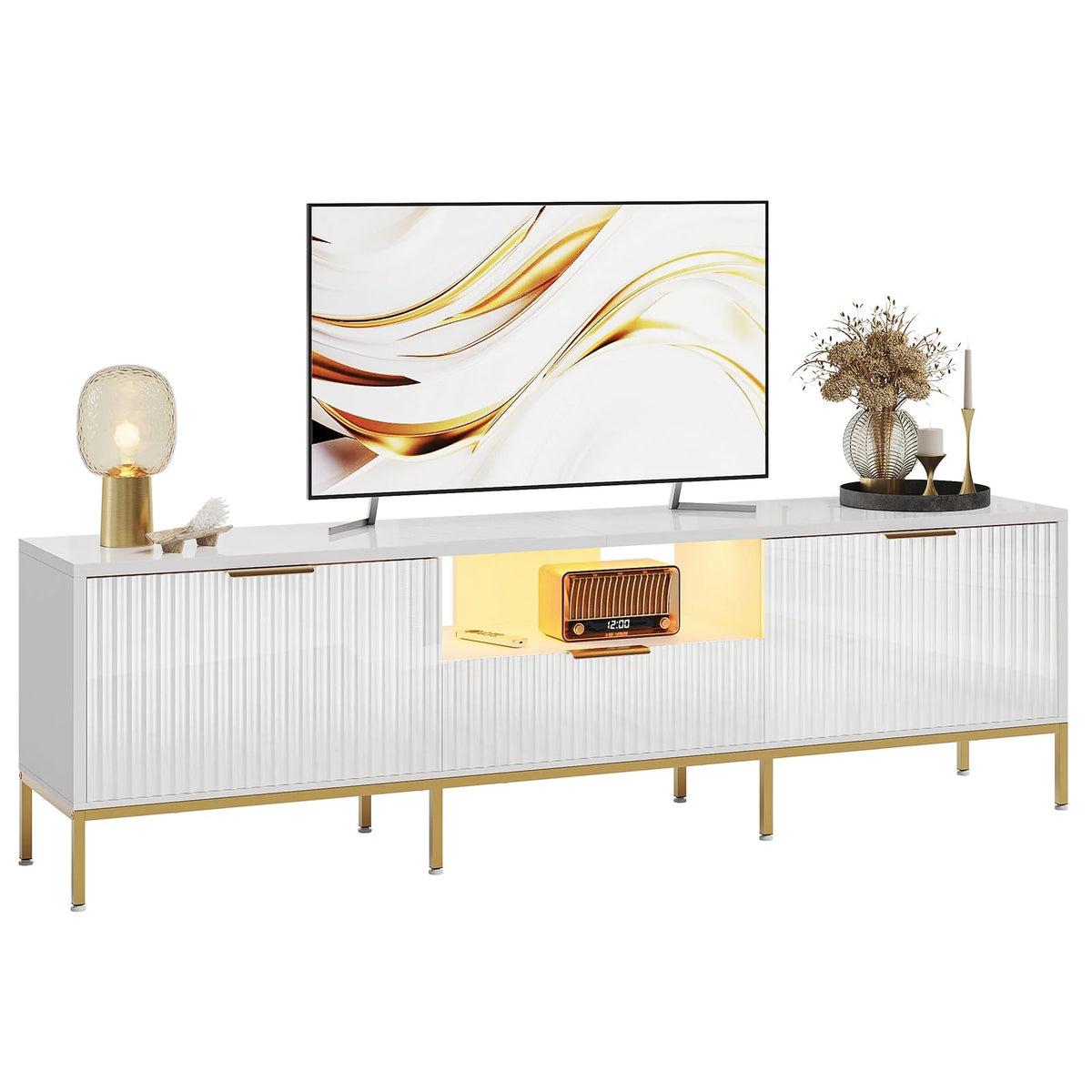 Bestier 55" LED TV Stand for TVs up to 60" Modern High Gloss Entertainment Center with Drawers Cabinets Fluted TV Console, White & Gold