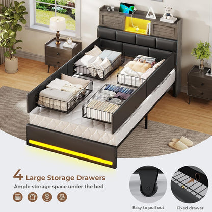 Twin Bed Frame with Bookcase Headboard and Storage, Barn Doors Twin Size Upholstered Beds with 4 Under Bed Storage Drawers & Charging Station & LED Lights, Grey