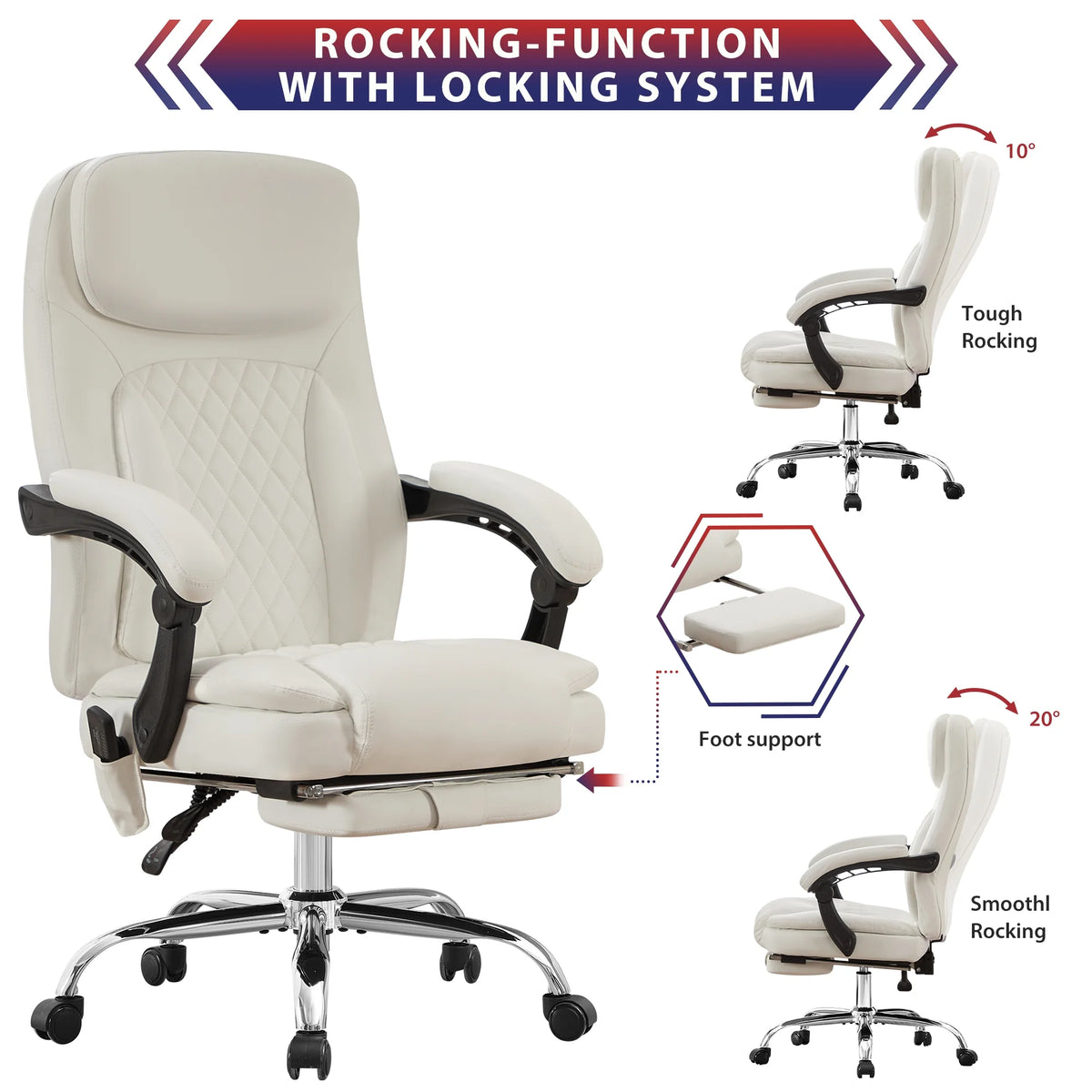 JONPONY Big and Tall Office Chair 500LBS Executive Office Chair Massage and Footrest Ergonomic Computer Desk Chair Reclining High Back Leather Office Chair Lumbar Back Support Swivel Rolling,Black