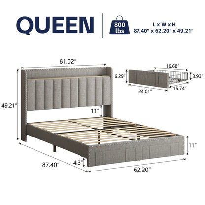 Lijimei Queen Bed Frame With Headboard And Storage, Platform Bed Frame Full Size With 2 Drawers, Upholstered Full Size Bed Frame With Storage, Built-in Charging Station, Beige