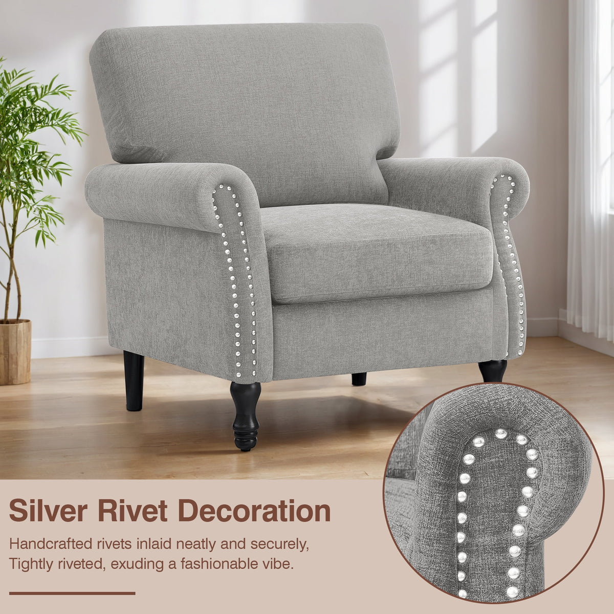 COOLHUT Modern Accent Chair Armchair, Linen Fabric Upholstered Comfy Single Sofa with Solid Wood Frame for Living Room, Gray