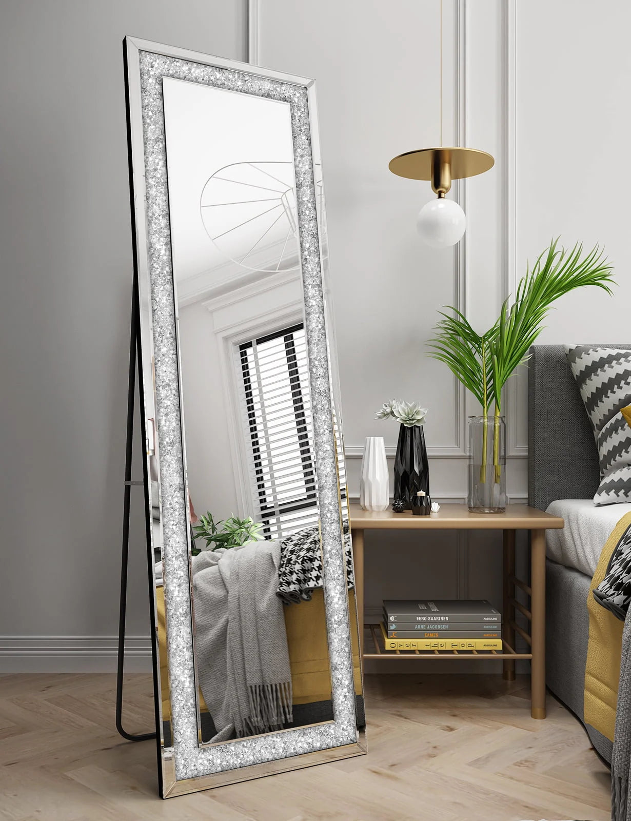 KOHROS 58"x18" Crystal Full Length Standing Floor Mirror Full Body Mirror Silver