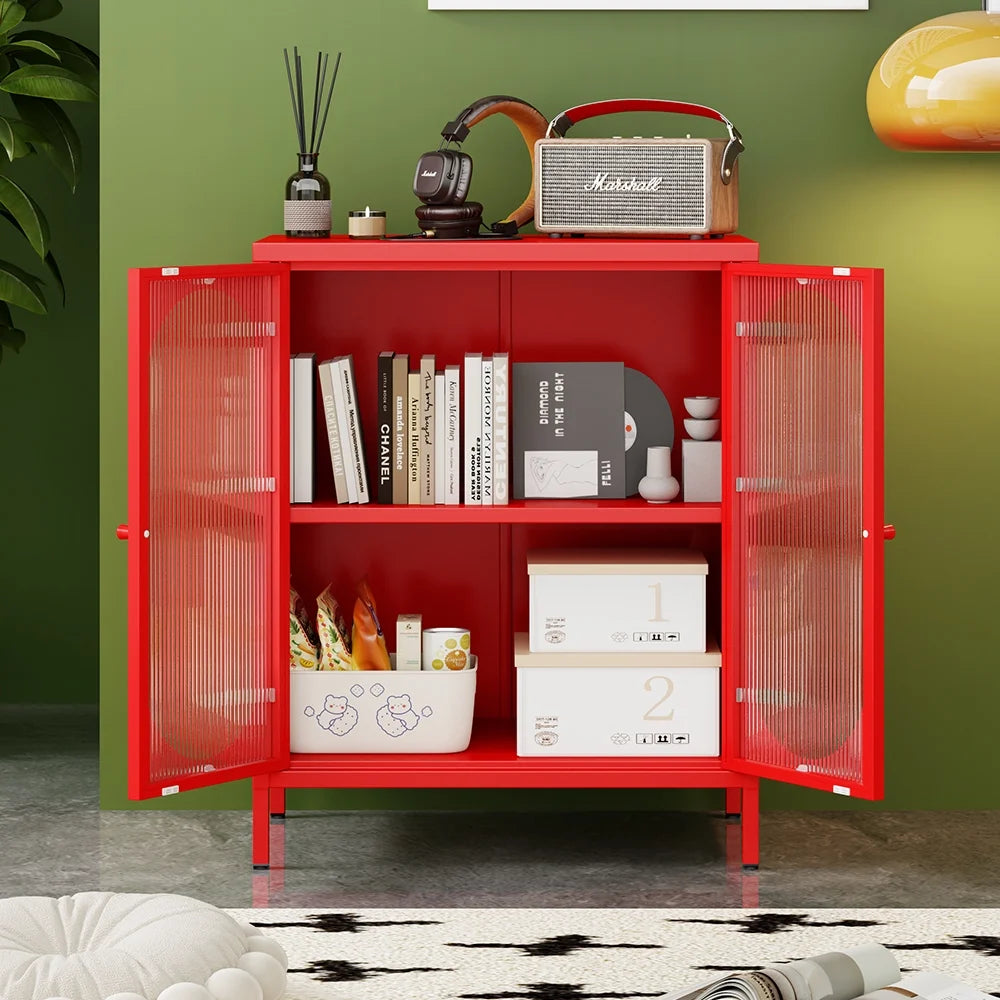 Small 2 Transparent Door Metal Storage Side Buffet Cabinet for Bed Room,Living Room,Entryway,Hallway,Home,Hotel,Office,Garage,Kitchen,1 Removable Shelf.