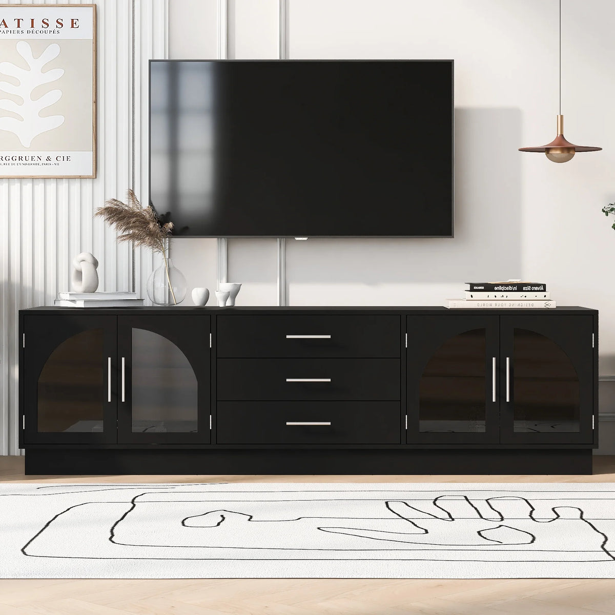 Euroco Modern TV Stand with Arched Glass Doors, Drawers & Adjustable Shelves for TVs up to 75 Inches