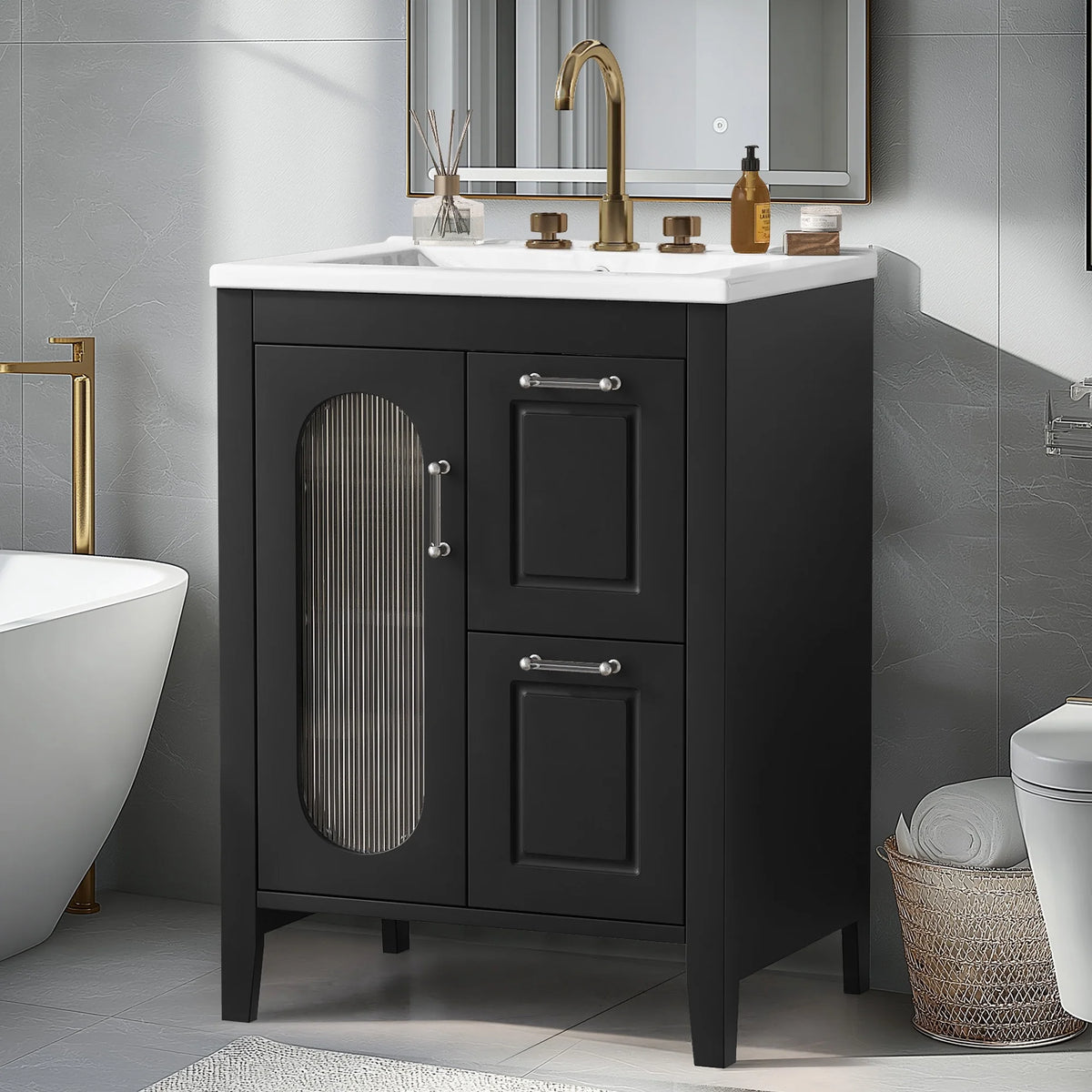 Soges 24" Bathroom Vanity with Ceramic Sink, Solid Wood Bathroom Makeup Cabinet with Door, Adjustable Shelf and 2 Drawer, Free Standing Single Basin Vanity Set for Small Bathroom, White