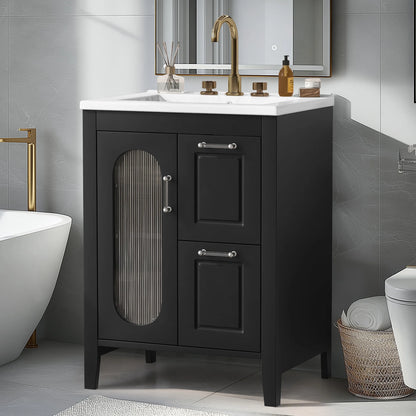Soges 24" Bathroom Vanity with Ceramic Sink, Solid Wood Bathroom Makeup Cabinet with Door, Adjustable Shelf and 2 Drawer, Free Standing Single Basin Vanity Set for Small Bathroom, White