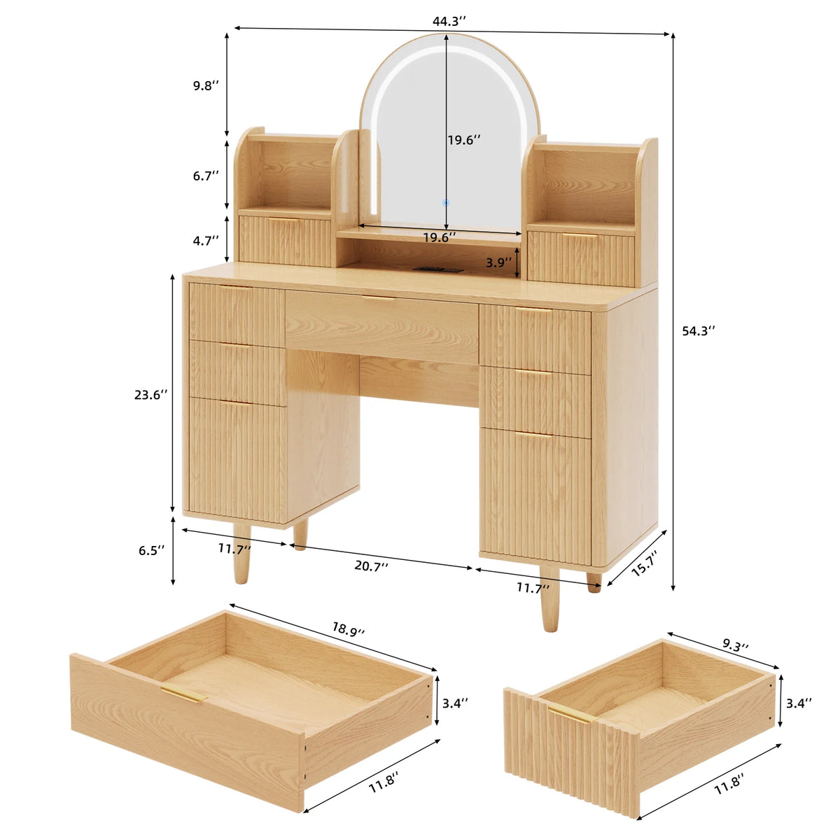 UGTOO 45.2" Modern Vanity Desk with LED Mirror & USB Charging, Wood Makeup Dressing Table with 7 Drawers for Bedroom