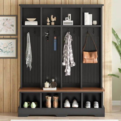 Farmhouse Hall Tree with Bench, 59" Wide Entryway Organizer with 8 Hooks & Storage Compartments, Modern Coat Rack & Shoe Bench for Mudroom,White