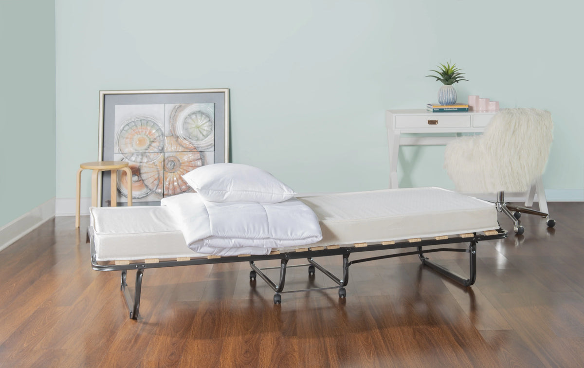 Linon Luxor Folding Rollaway Guest Bed with 4" Foam Mattress with Memory Foam Layer, Single-Size