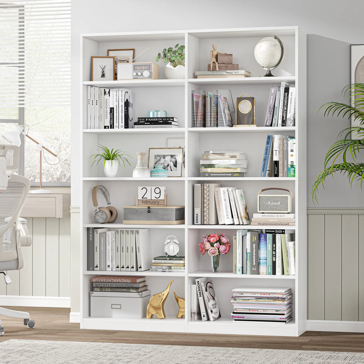 Homfa 74.3�� Double Wide 6-Tier Bookcase, Extra Large Wooden Freestanding Display Bookshelf for Home Office Living Room, White