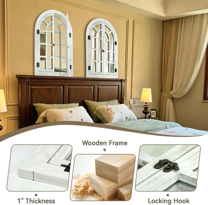 Window Mirrors for Wall Decor -White Arched Wall Mirror Farmhouse Wall Decor Wood Frame Decorative Wall Mirrors Like Window for Bedroom, Living Room, Entrance, Dining Room