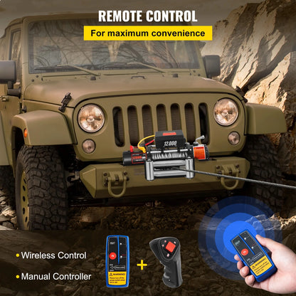 KFFKFF Truck Winch 12000Ibs Electric Winch 85ft/26m Steel Cable 12V Power Winch Jeep Winch with Wireless Remote Control and Powerful Motor for UTV ATV & Jeep Truck and Wrangler in Car Lift