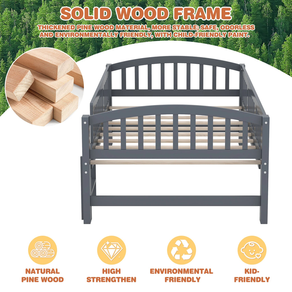 SESSLIFE Twin Size Platform Bed, Solid Wood Twin Bed Frame with Slats, Fence Guardrail Ladder, Twin Floor Bed with Strong Legs for Boys Girls, No Box Spring Needed, Holds 400 lbs, White
