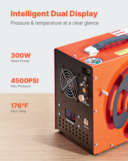 VEVOR PCP Air Compressor, 4500PSI/30Mpa PCP Airgun Compressor with Built-in Converter & Fan Cooling System, Auto Stop DC12V/AC120V Portable Paintball Tank Compressor for Air Rifle,Scuba Diving Bottle