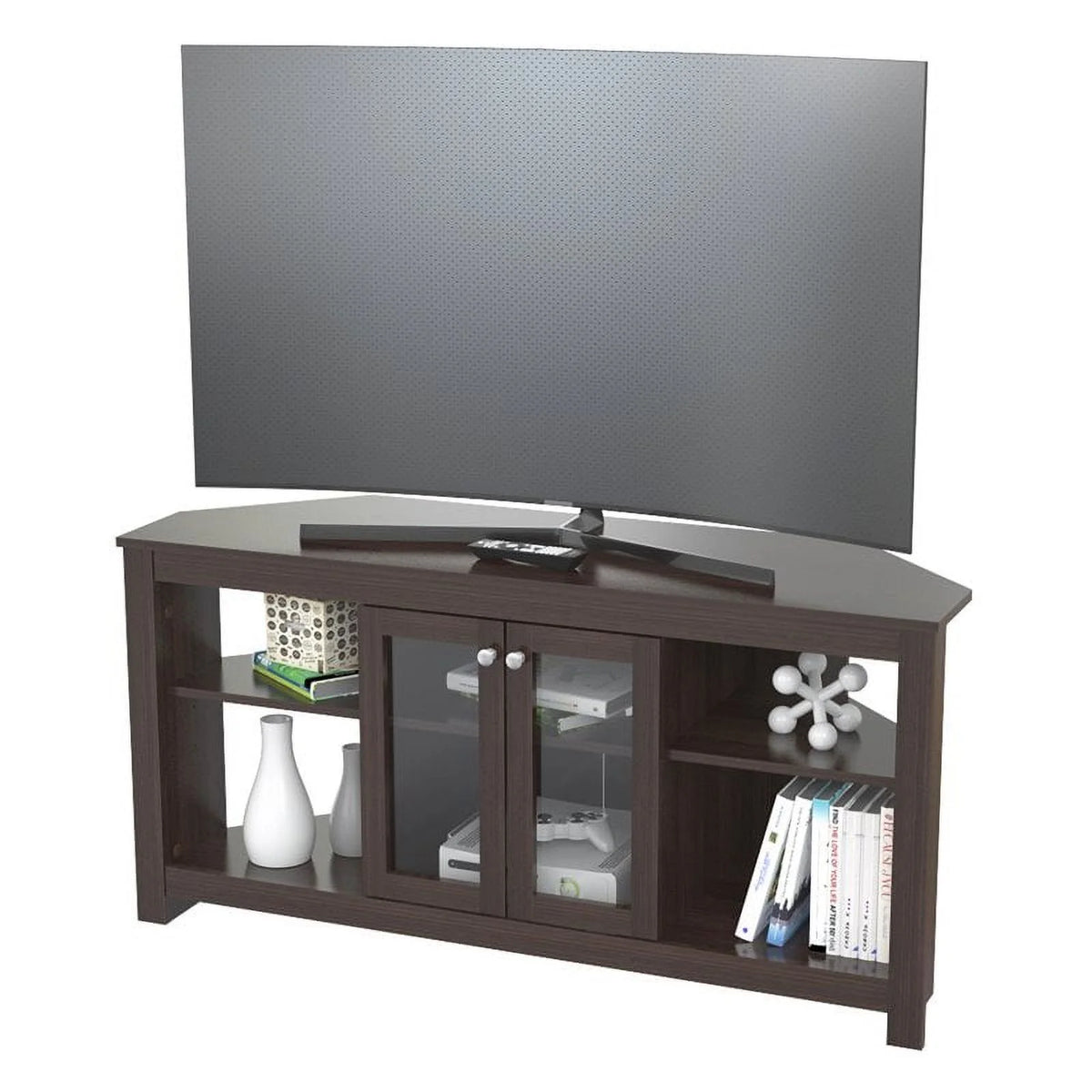 Inval Corner Laminate 60�� TV Stand with Glass Doors, White