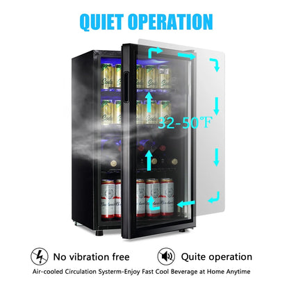 WANAI Compact Beverage Refrigerator, 100 Can Capacity, Glass Door, Black Stainless Steel