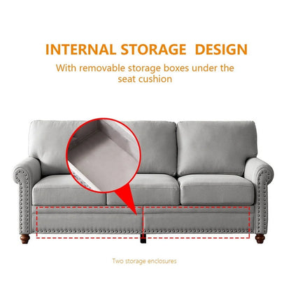 3 Seater Sofa, 82.6" Modern Linen Fabric Tufted Upholstered Accent Sofa with Storage Box and Silver Nails, Curved High Back and Solid Wood Leg for Living Room, 7 Inches Seat Cushion, Grey