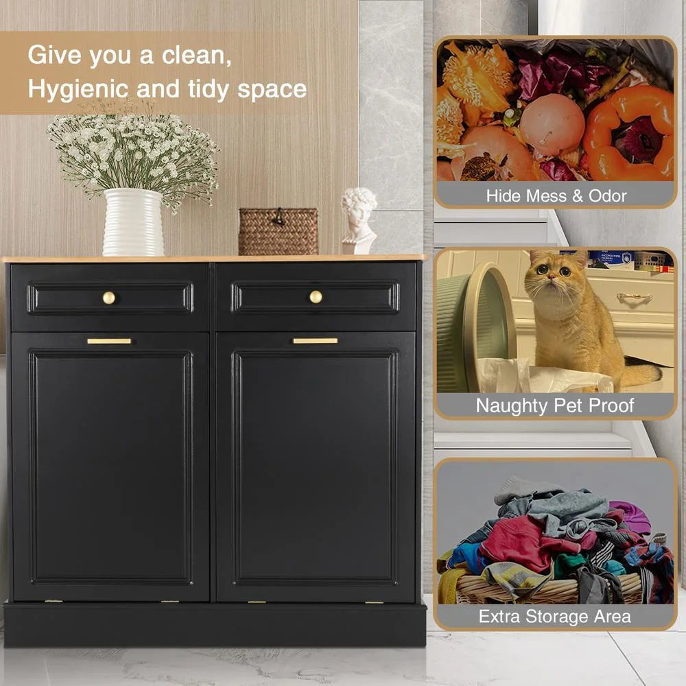 Eclife 20 Gallons Double Tilt Out Trash Cabinet Wood Tabletop, Upgrade Gray, WB010GY