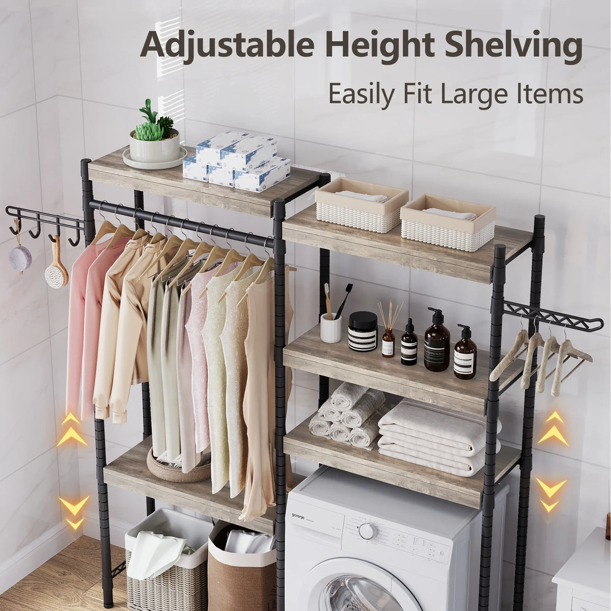 5 Tier Wood Over The Washer and Dryer Storage Shelf with Drying Clothes Racks Laundry Room Shelf Laundry Room Organization and Storage for Hanging Towels and Drying Clothes