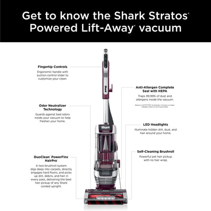 Shark Upright Vacuum, Stratos, Pet Friendly, Bagless, Ultra Powerful Suction, Hard Floor and Carpet, DuoClean PowerFins HairPro, Self-Cleaning Brushroll, Odor Neutralizer Technology, AZ3000, Burgundy