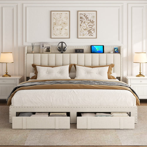 Lijimei Queen Bed Frame With Headboard And Storage, Platform Bed Frame Full Size With 2 Drawers, Upholstered Full Size Bed Frame With Storage, Built-in Charging Station, Beige