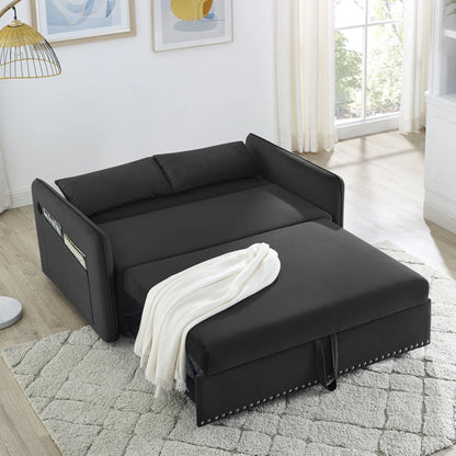 55" Convertible Sleeper Sofa Bed,3 in 1 Convertible Sleeper Loveseat with USB Ports,Modern Velvet Pull Out Sofa Bed with 2 Pillows and Rivet Design for Living Room Furniture,Gray
