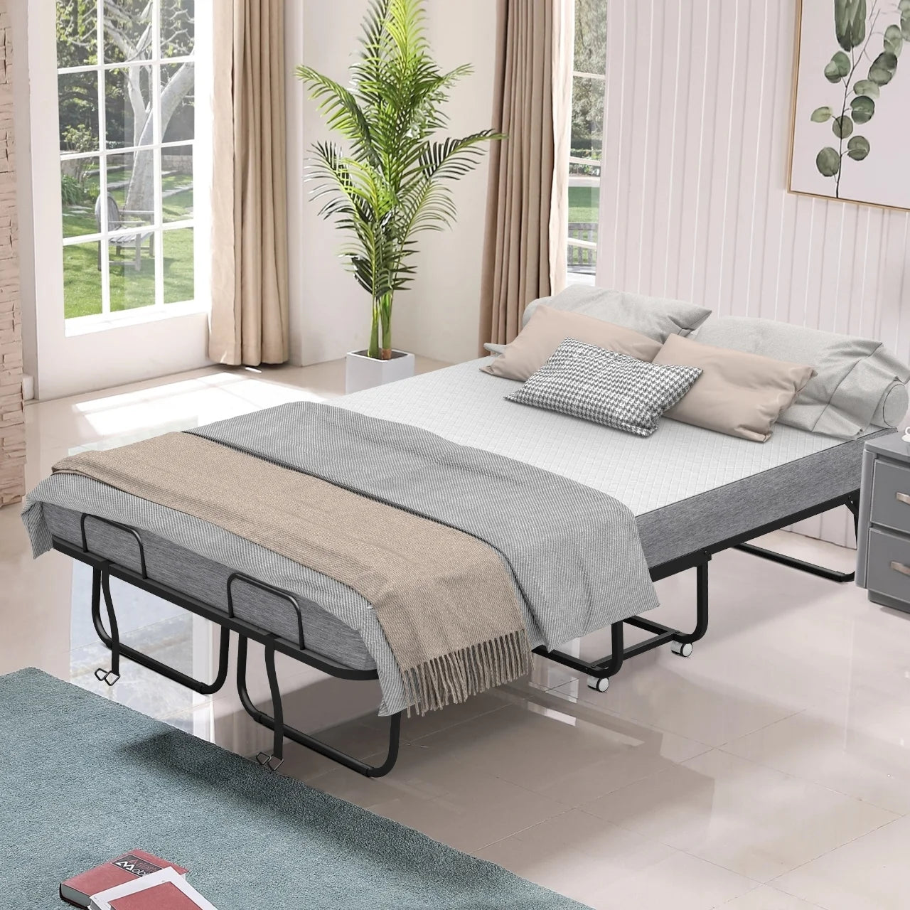 Full Size Folded Bed with Mattress, 75" x 54" Folding Bed, Twin Bed, Rollaway Bed Guest Bed for Adults with Sturdy Frame