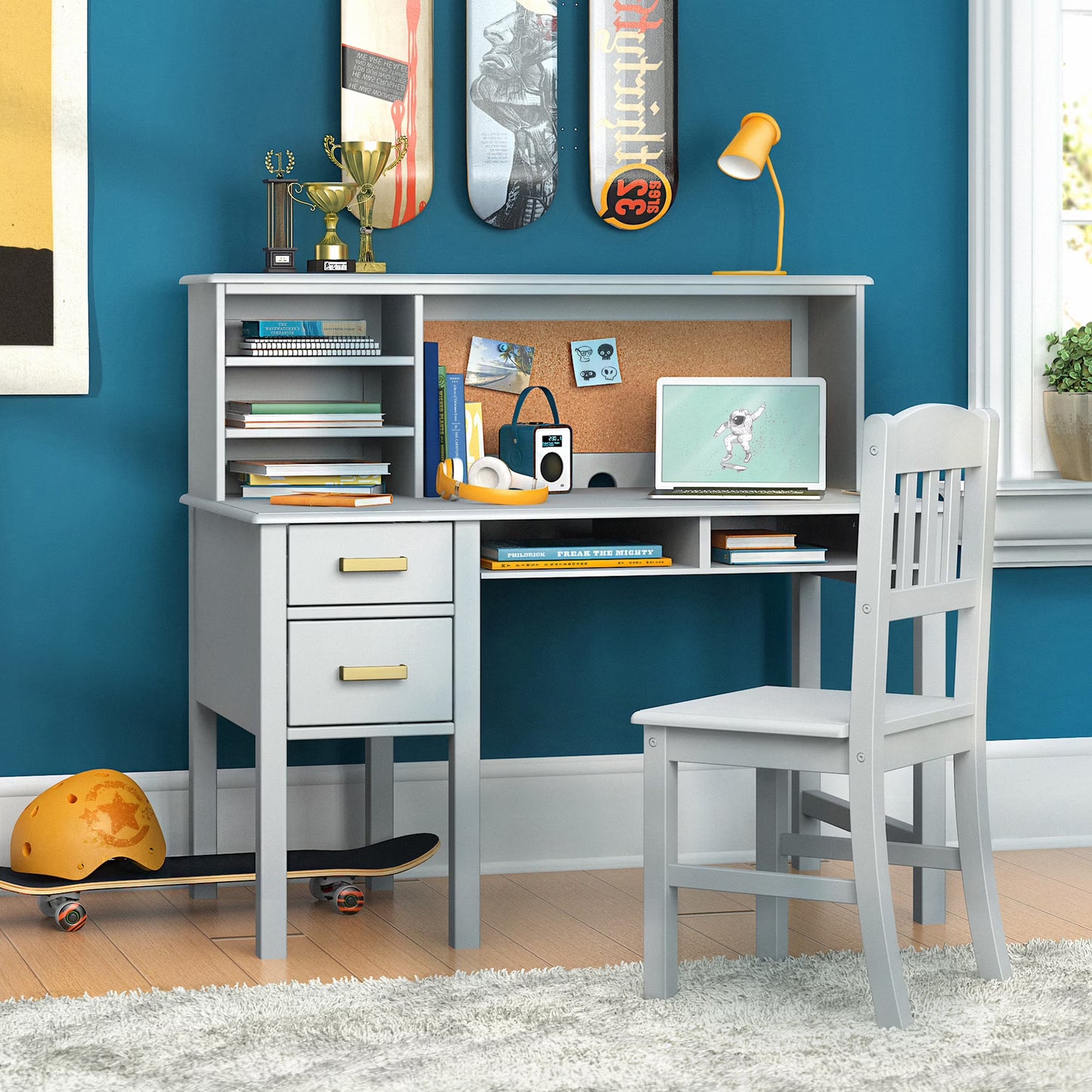 Guidecraft Taiga Kids Desk and Chair Set with Hutch - Navy: Kids Wooden Computer Desk with Storage Drawers and Shelves | Kids Study Table for Bedroom