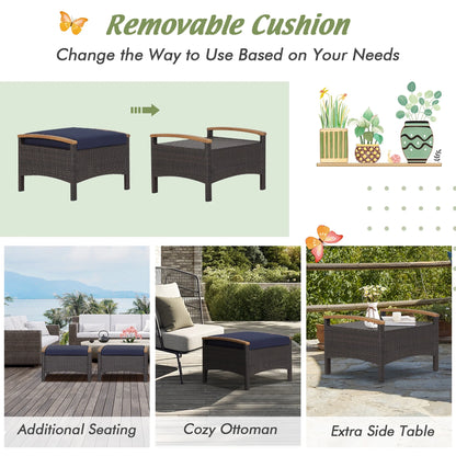 Costway Set of 2 Patio Rattan Ottoman Footrest Cushions Wooden Handle Beige