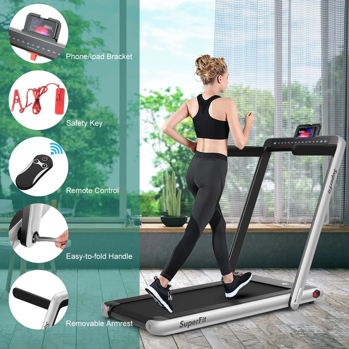 Gymax 2 in 1 Folding Treadmill 2.25HP Running Machine w/ Dual Display APP Control Black