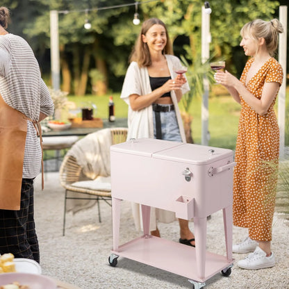 80 Quart Rolling Ice Chest, Portable Bar Drink Cooler with Catch Basin, Bottom Storage Tray and Bottle Opener for Patio Party BBQ Beach Activities