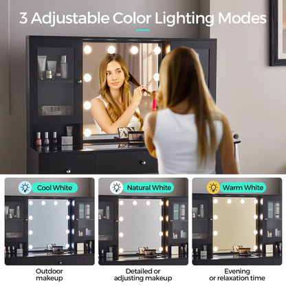 Linsy Home Large 47.2" Makeup Vanity With Mirror And 11 Lights, Glass Top Vanity Desk with 9 Drawers & 2 Adjustable Cabinets, Dressing Table with Charging Station & Hair Dryer Rack For Bedroom, White