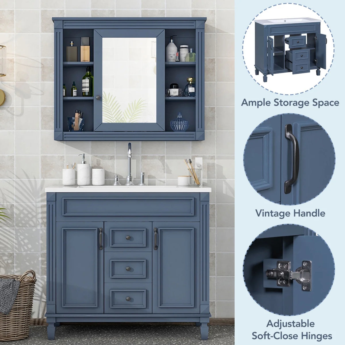 36'' Bathroom Vanity Set, Undermount Bathroom Cabinet and Mirror Cabinet, Ceramic Sink Top, Storage Cabinet with 2 Soft Closing Doors and 2 Drawers, Vanity Cabinet Set, Suit for 4'' Faucet, Gray