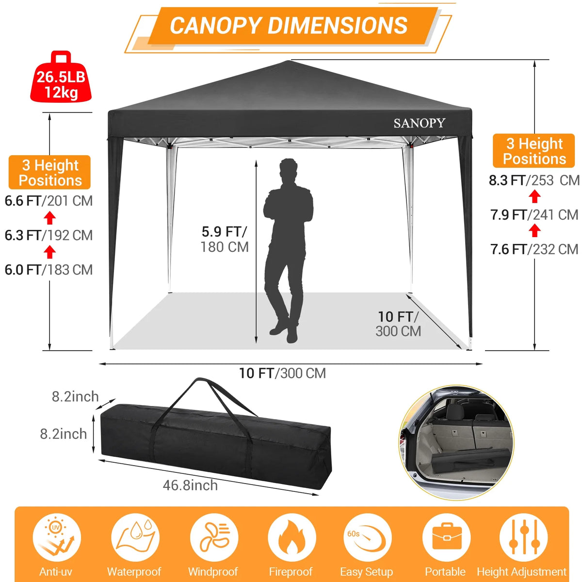 SANOPY 10'x10' EZ Pop Up Canopy Tent Outdoor Party Instant Shelter Portable Folding Beach Canopy with 4 Sandbag & Carrying Bag, Black