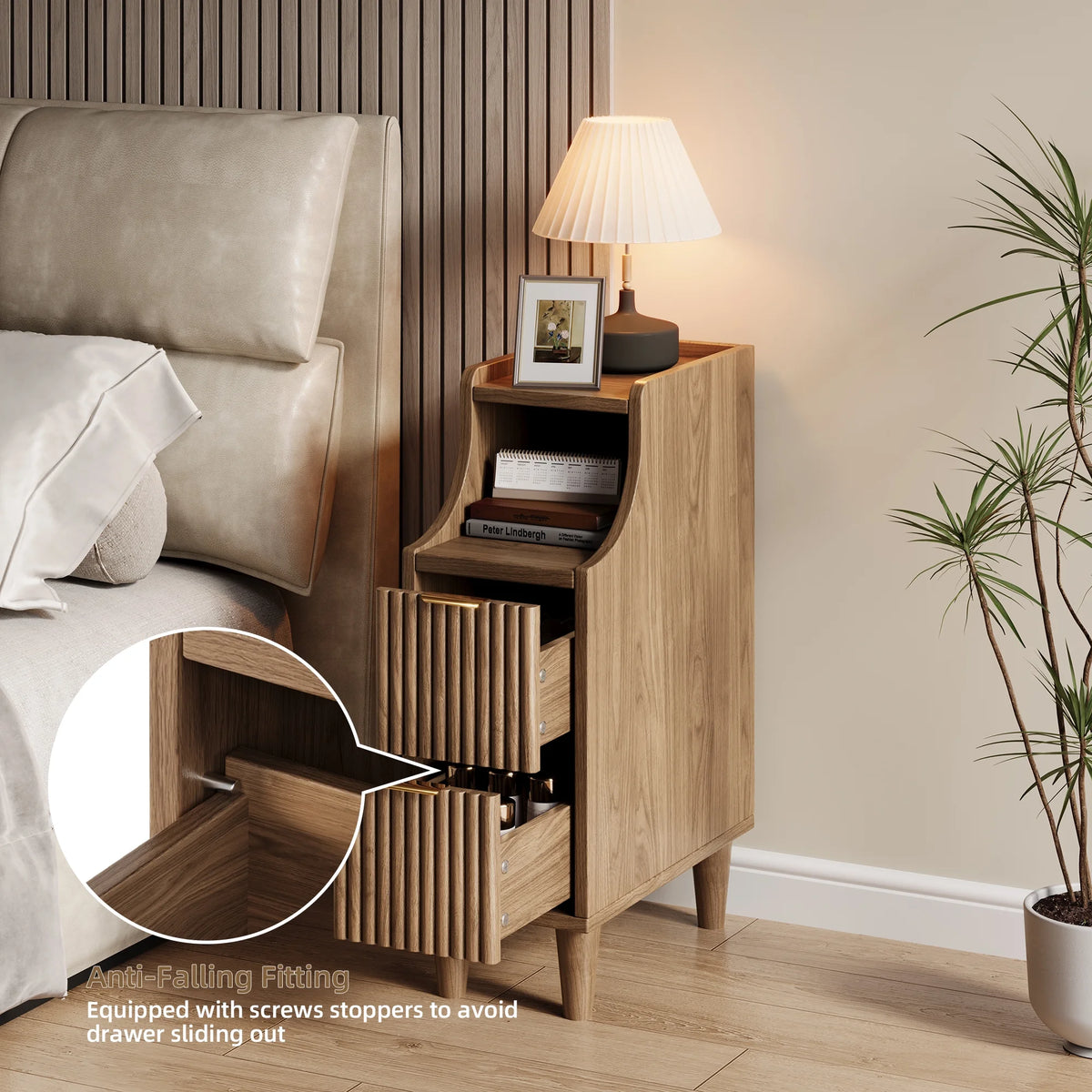 UGTOO 24.4"Tall Walnut Finish 2PC Bedside Table Set with 2 Large Drawers & Top Storage Space Open Shelf, Sturdy Wood Legs, Vintage Cabinet Nightstand for Bedroom with Metal Handle