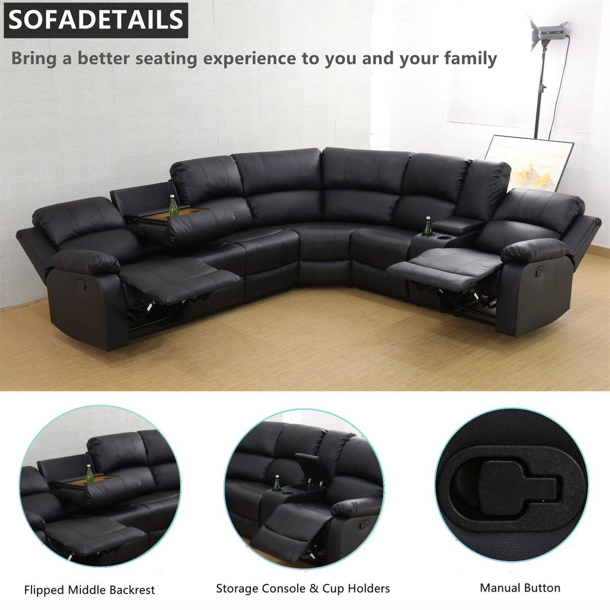 Aukfa 3-Piece Recliner Sofa Set, 6 Seat Sectional Couch with Cup Holders&Storage Console, Gray