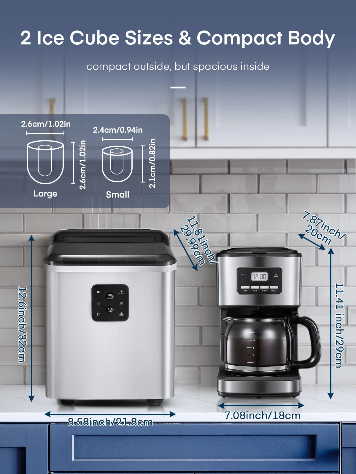FOHERE Ice Maker Countertop 2 Sizes, 28lbs in 24h, 9 Bullet Ice in 6M, Selfclean, Stainless Steel