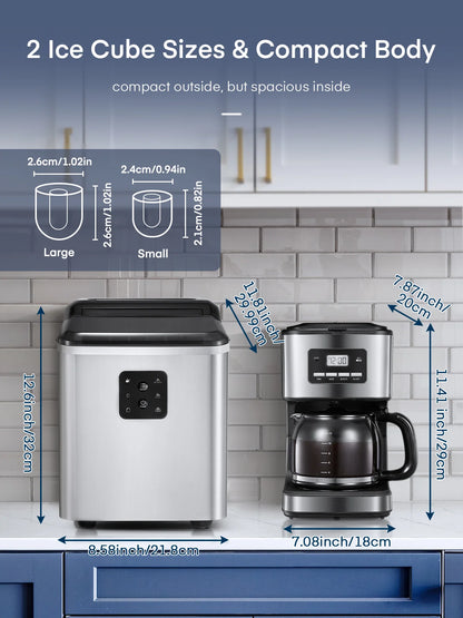 FOHERE Ice Maker Countertop 2 Sizes, 28lbs in 24h, 9 Bullet Ice in 6M, Selfclean, Stainless Steel