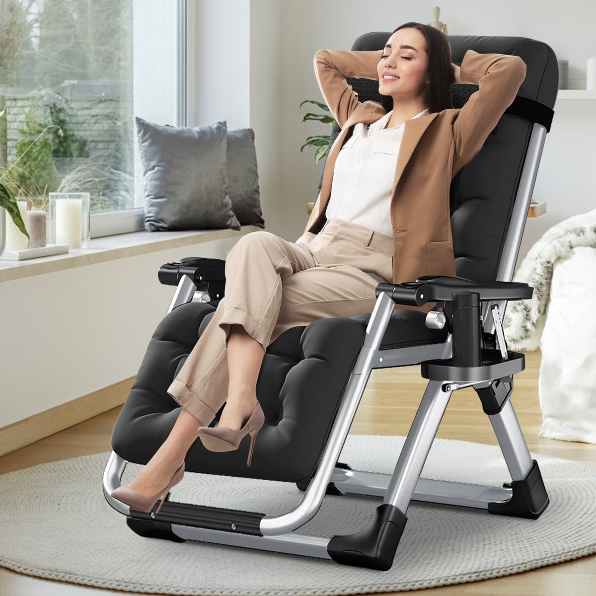 NAIZEA Zero Gravity Chair with Removable Cushion and Cup Holder Black