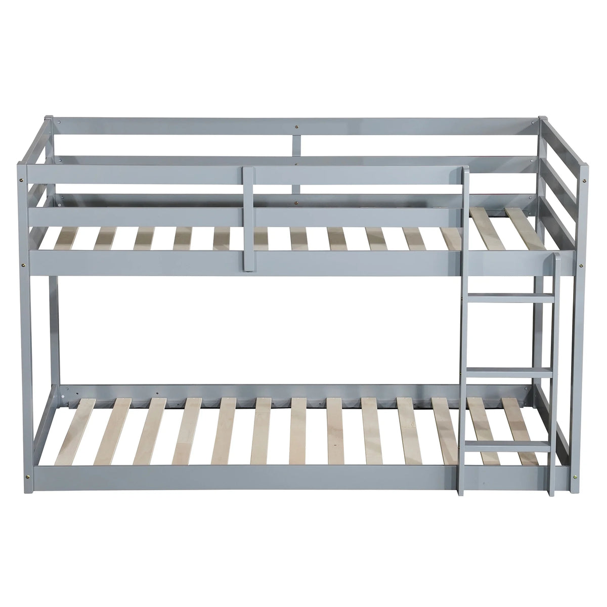 Twin Over Twin Floor Bunk Bed, UHOMEPRO Solid Wood Low Bunk Bed with Safety Rail, Ladder, Heavy Duty Bunk Beds, Space-Saving Bedroom Dorm Furniture, Gray