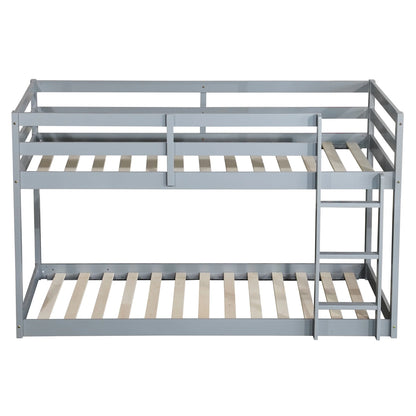 Twin Over Twin Floor Bunk Bed, UHOMEPRO Solid Wood Low Bunk Bed with Safety Rail, Ladder, Heavy Duty Bunk Beds, Space-Saving Bedroom Dorm Furniture, Gray