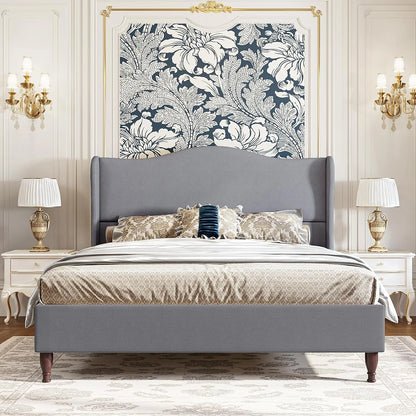 Neche Queen Upholstered Bed Frame with 51" Tall Headboard Classic Curved Wingback Platform Bed with Soft Fabric, Retro Simple Sleigh Bedframe No Box Spring Needed/Easy Assembly, White