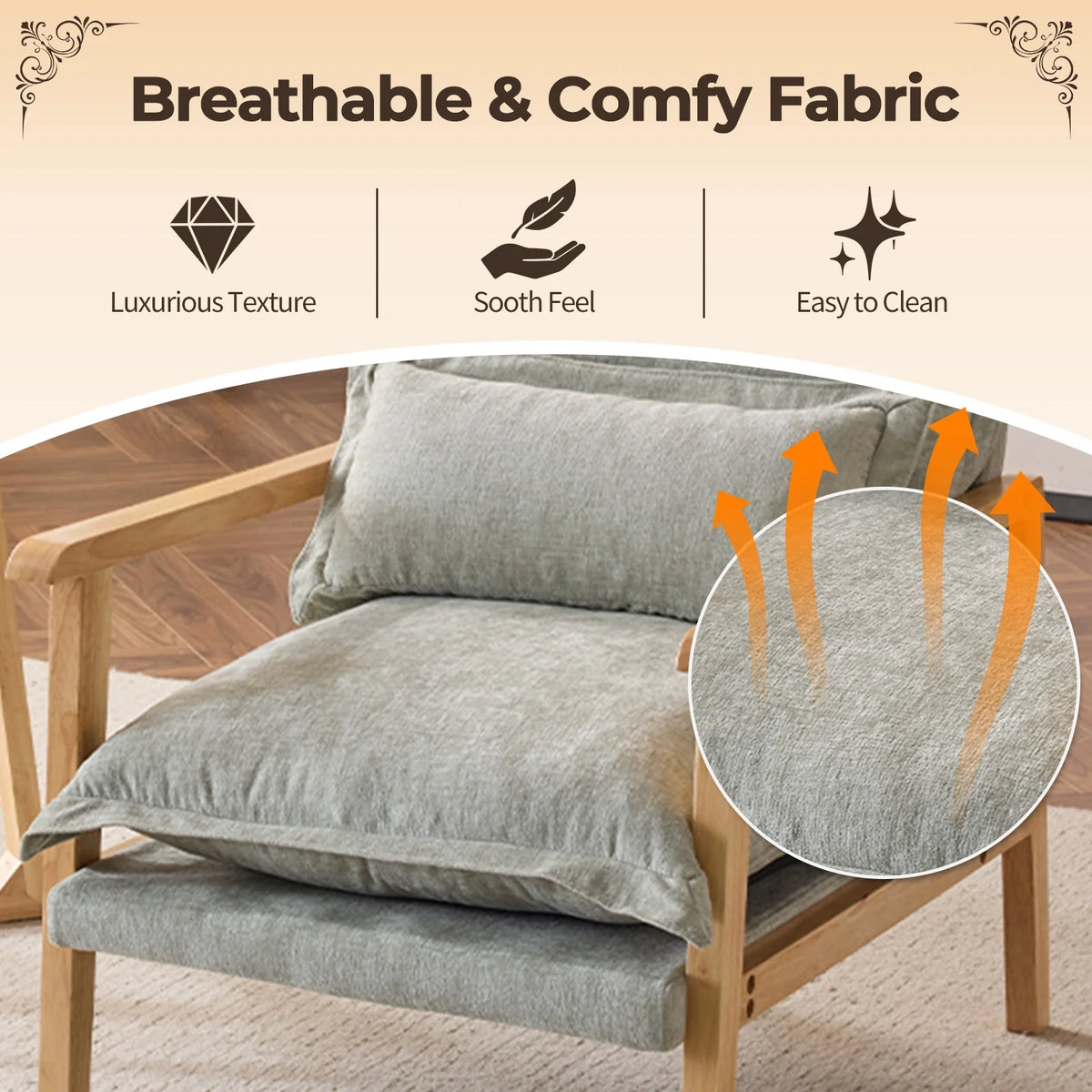 Ktaxon Chenille Accent Chair, Solid Wood Armrests Armchair, Metal Frame for Stability, Single Sofa with Comfortable Cushions and Lumbar Pillow Beige