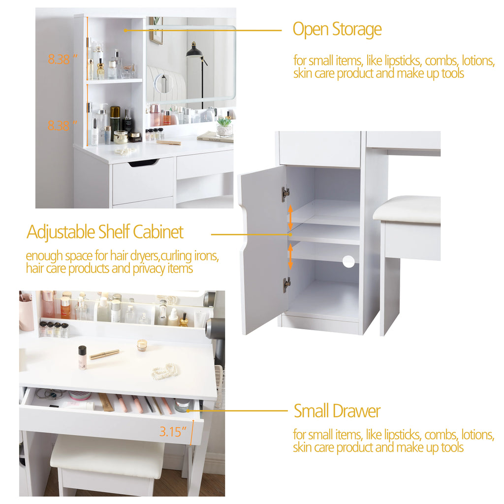 Mainstays Get Ready with Me GRWM Deluxe 2-Piece Vanity and Stool with Lighted Mirror and USB Power, White Finish