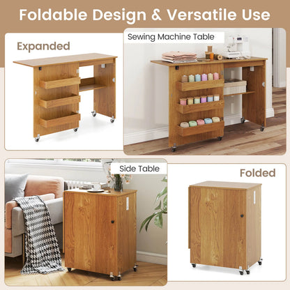 Costway Folding Sewing Table Rolling Craft Station with 3 Storage Bins & Charging Station Natural